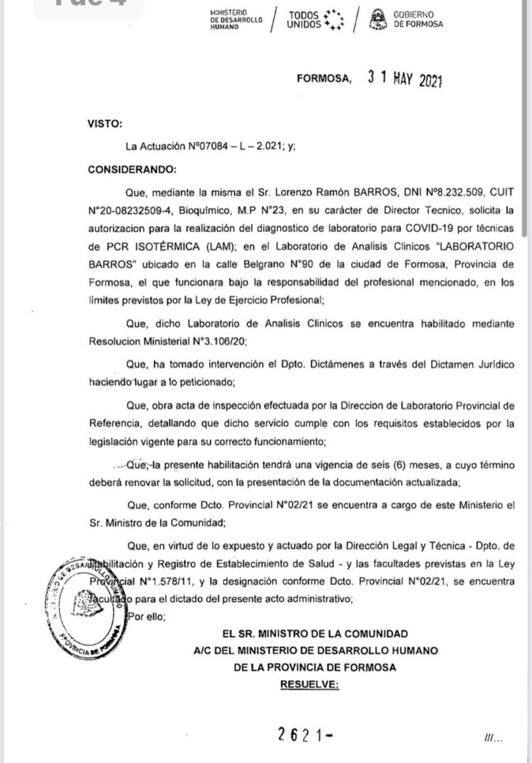 Laboratorio Barros autorizado para hisopar