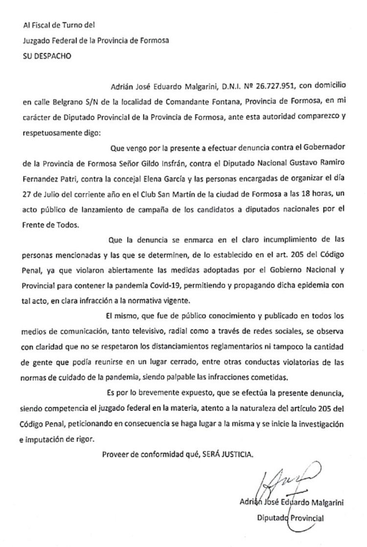 Denunciaron a Insfrán por incumplimiento del artículo 205 del Código Penal