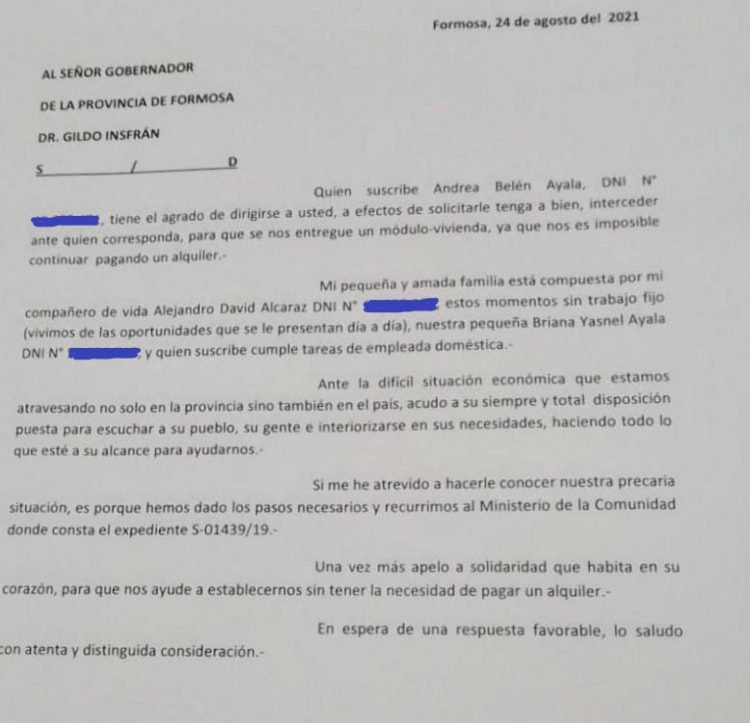 Pedido de una familia formoseña al gobernador: un módulo habitacional