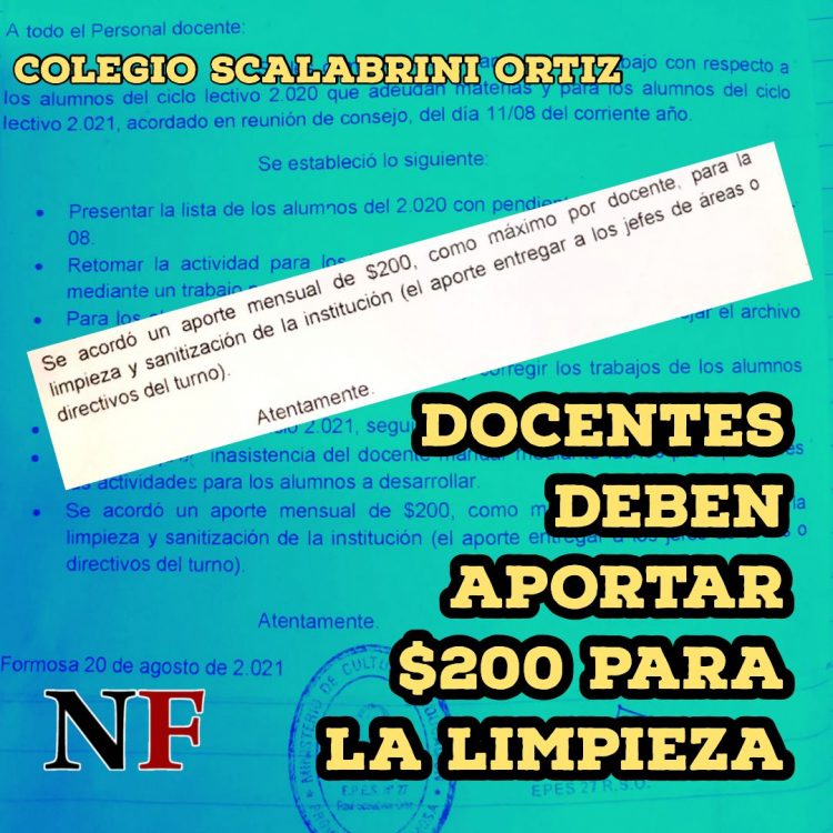 Un colegio secundario impuso a sus docentes el abonar $200 para la limpieza