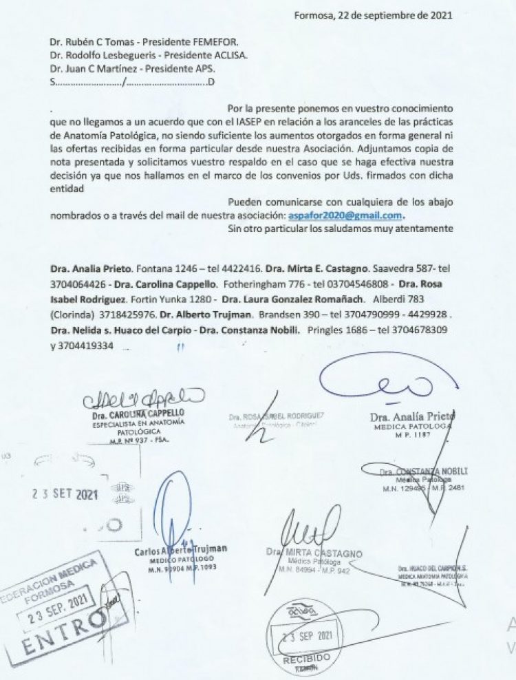 Laboratorios de anatomía patológica cortaron atención a los afiliados de IASEP