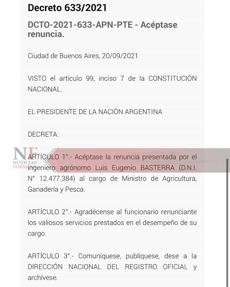 Al aceptar la renuncia de Basterra, Alberto le agradeció «servicios prestados»