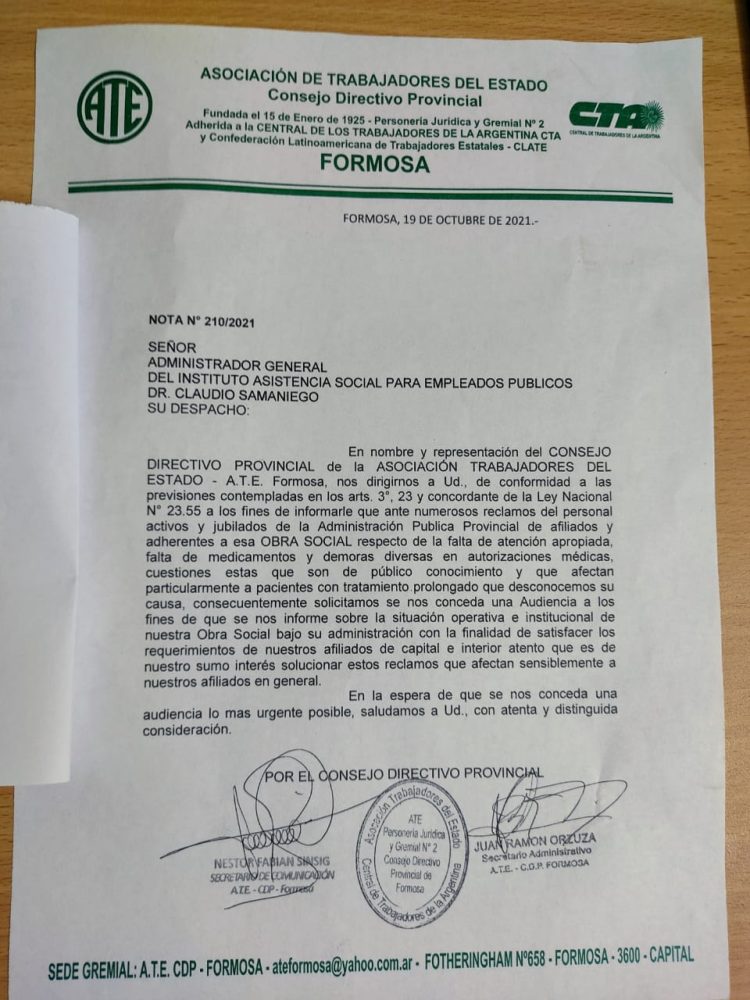 ATE pidió audiencia a Samaniego por la situación de IASEP