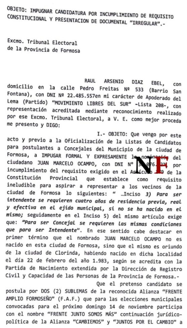 Impugnaron la candidatura de Marcelo «Pepe Guapo» Ocampo