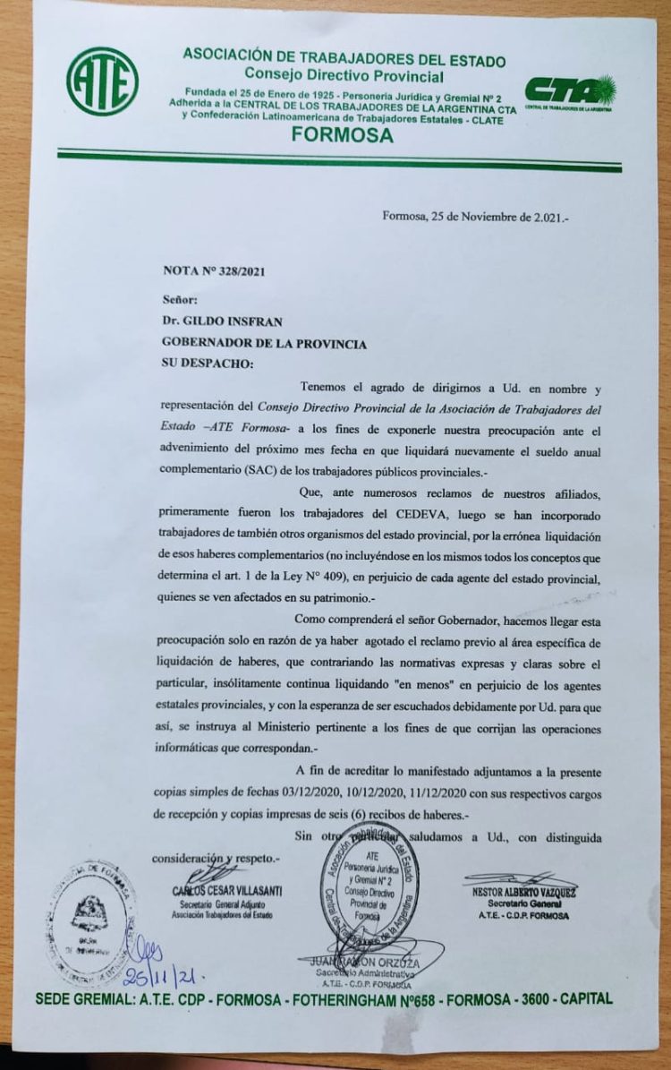 ATE Formosa reclamó a Insfrán por errores en la liquidación del aguinaldo a estatales