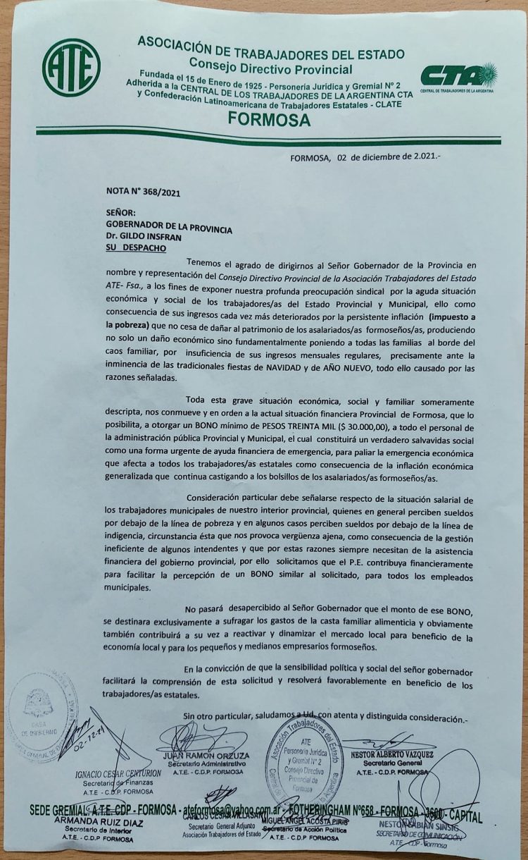 ATE le pidió a Insfrán un bono de fin de año de 30 mil pesos