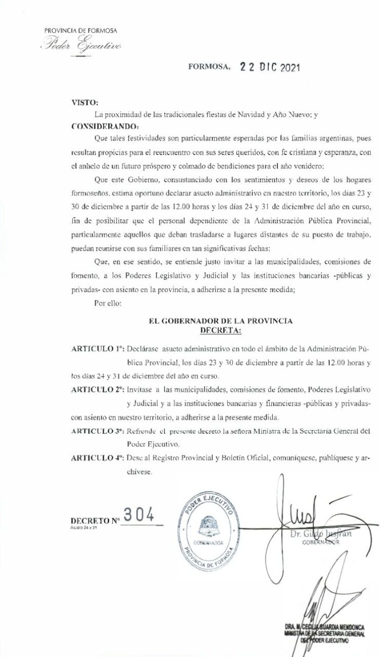 Insfrán firmó el decreto que establece asueto para navidad y año nuevo