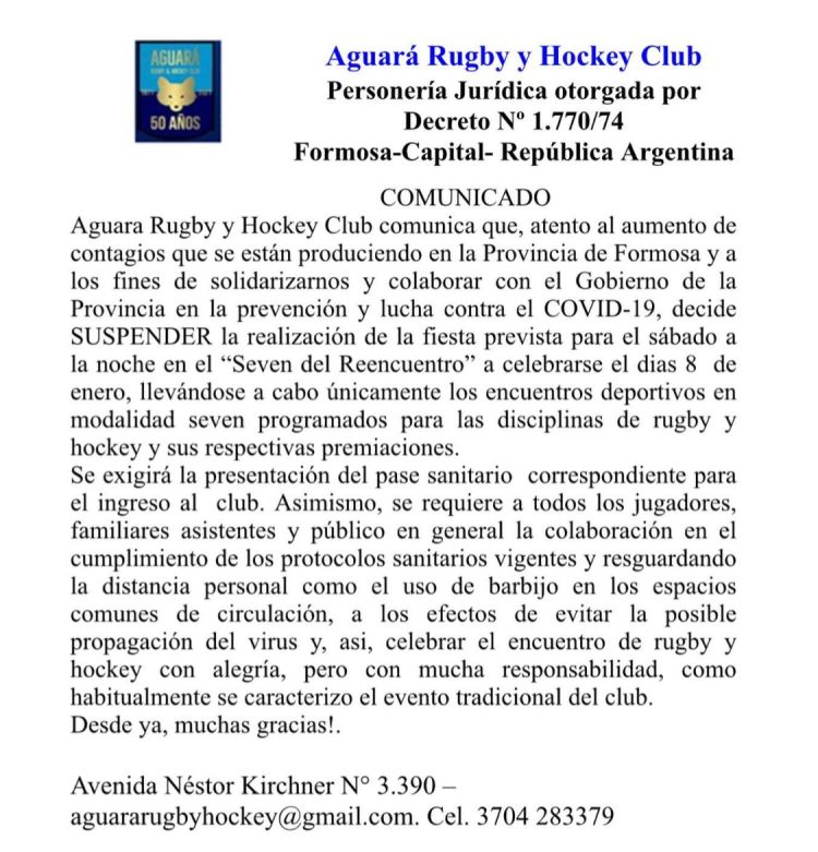 Aguará suspendió la fiesta del sábado 8 de enero