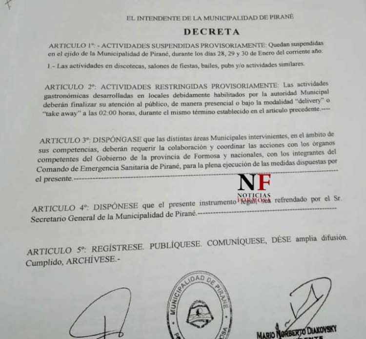 Por el covid, suspenden bares, boliches y eventos este fin de semana en Pirané