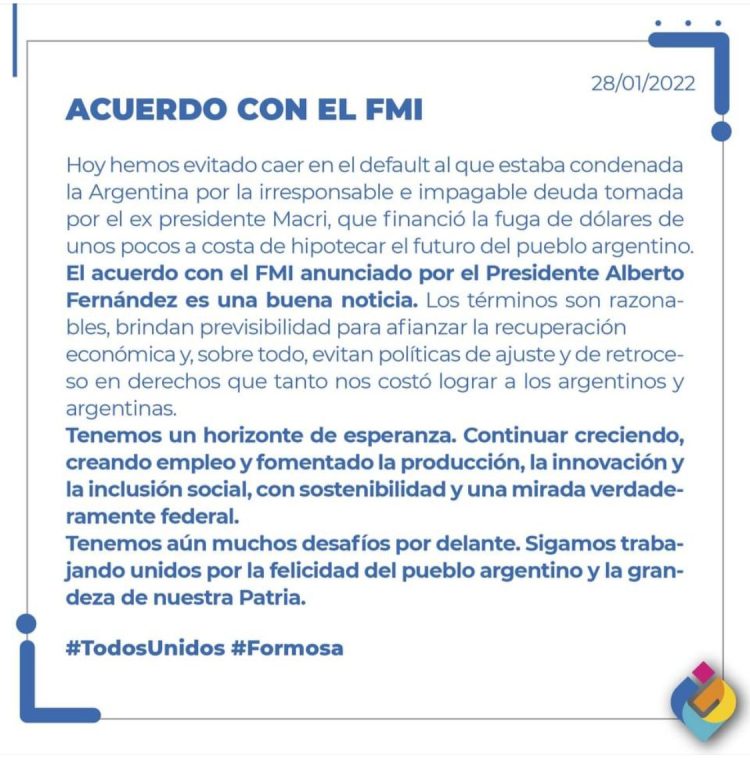 Insfrán celebró el acuerdo de Alberto Fernández con el FMI y criticó a Macri
