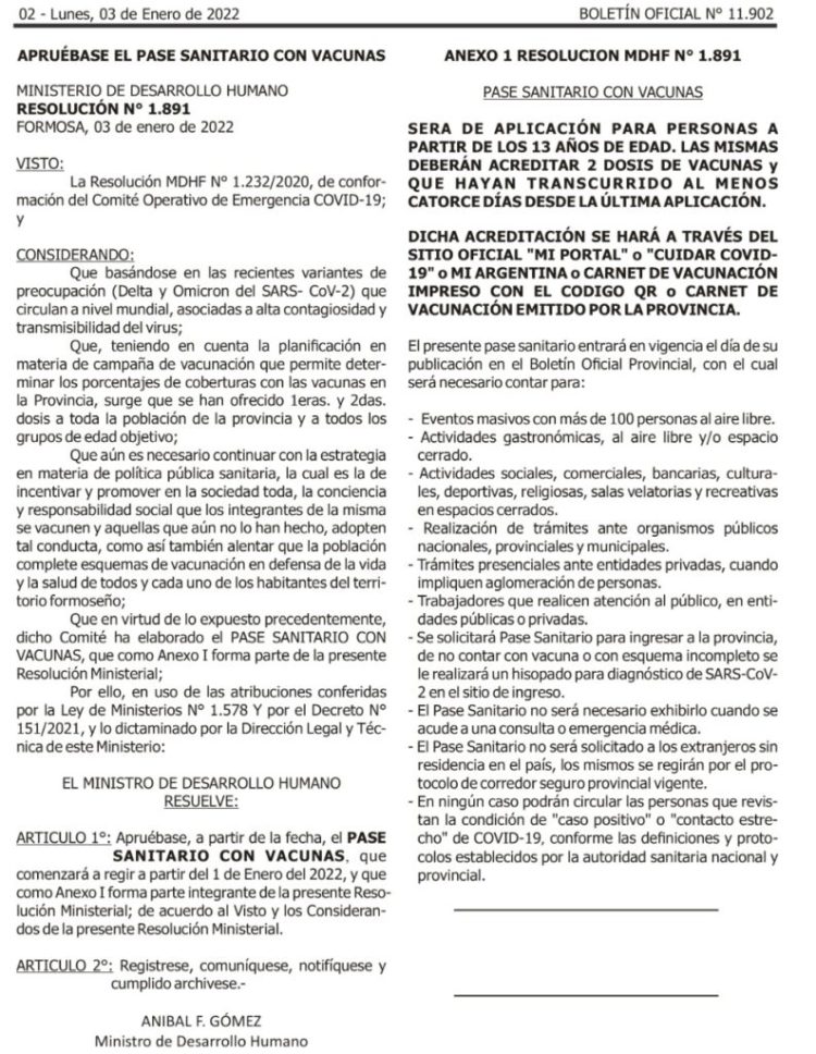 Entró en vigencia el “Pase Sanitario con vacunas” en la provincia de Formosa