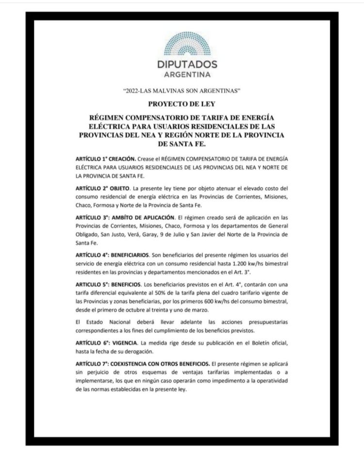 Impulsan una ley que subsidie el costo de la energía en el NEA y norte de Santa Fe