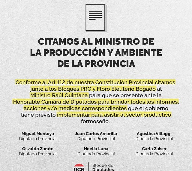 Piden que el ministro Quintana brinde informes sobre asistencia a productores