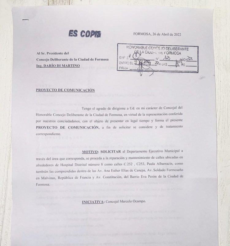 El concejal Ocampo presentó dos proyectos ante crisis de acceso al Hospital Distrital N° 8