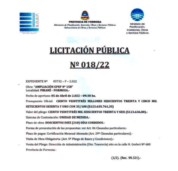 El gobierno llama a licitación de obras y servicios por 1.314 millones de pesos
