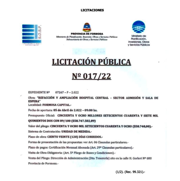 El gobierno llama a licitación de obras y servicios por 1.314 millones de pesos