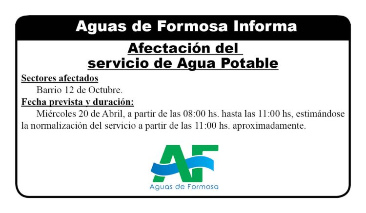 Por mantenimiento, no habrá servicio de agua potable en el barrio 12 de Octubre