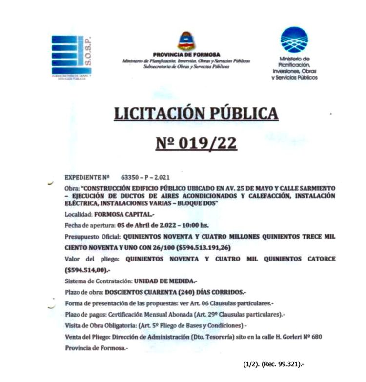 El gobierno llama a licitación de obras y servicios por 1.314 millones de pesos