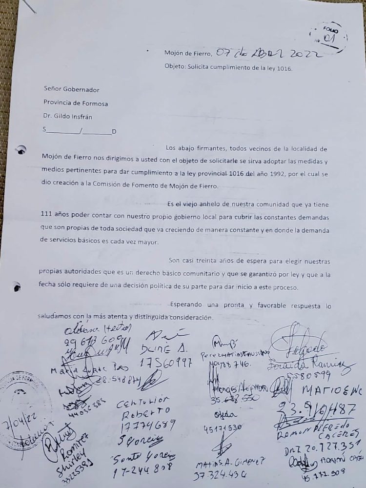 Por nota, vecinos de Mojón de Fierro le piden a Insfrán su comisión de fomento
