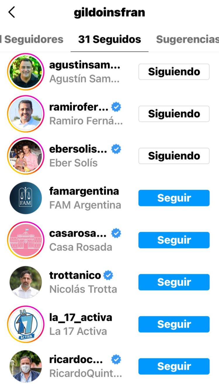 Gildo, en Instagram, sigue a 31 personas; ¿quiénes son?