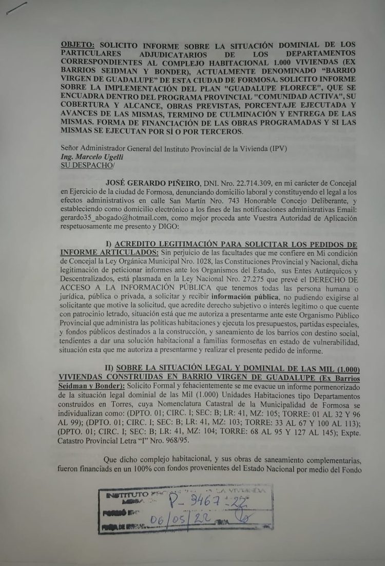 Piñeiro reclamó al IPV que entregue títulos de propiedad del barrio Guadalupe
