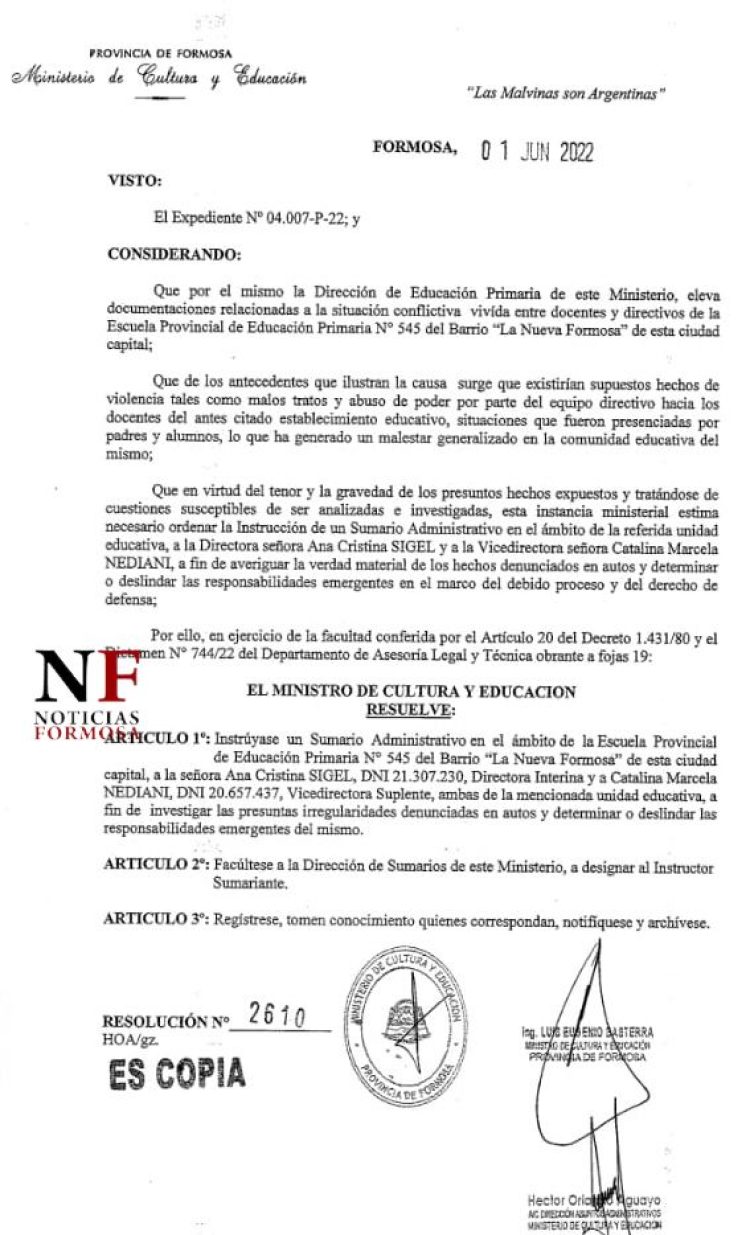 Por conflicto en la Escuela 545, Basterra ordenó un sumario a directivos docentes