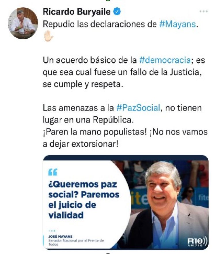Buryaile repudió afirmaciones de Mayans sobre impunidad para CFK