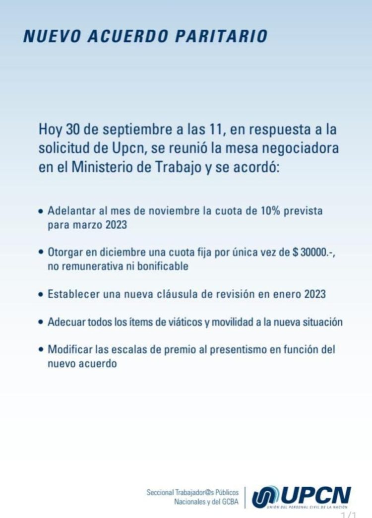 UPCN logró un bono de $ 30.000 y aumento adelantado para los estatales nacionales