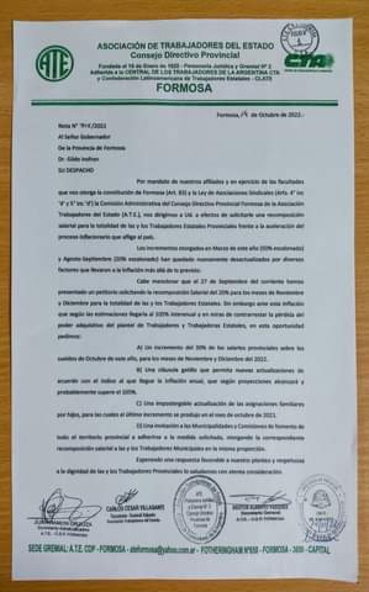 ATE Formosa pidió un 30% más de aumento para lo que resta del año