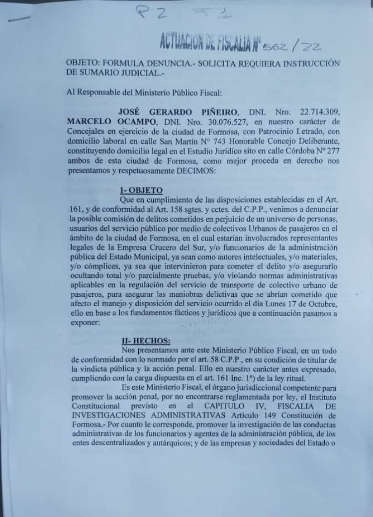 Piñeiro y Ocampo denunciaron penalmente a Crucero del Sur y funcionarios municipales