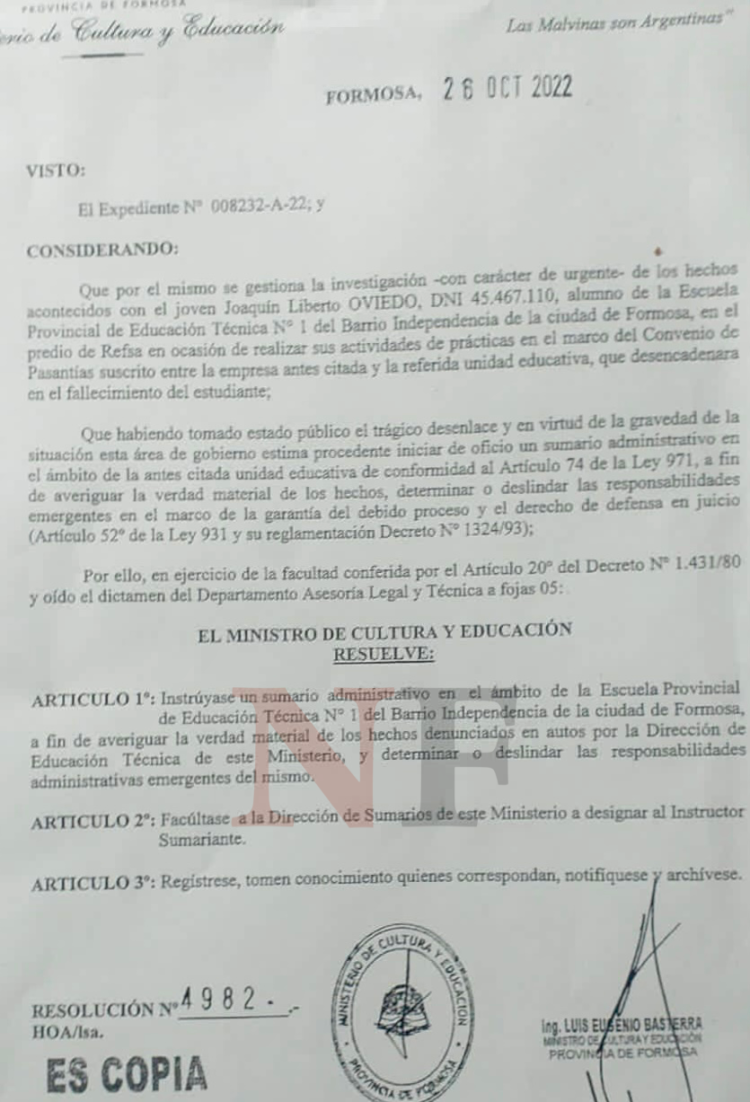 Ministro Basterra instruyó sumario a la EPET 1, «a fin de averiguar la verdad» del caso Joaquín