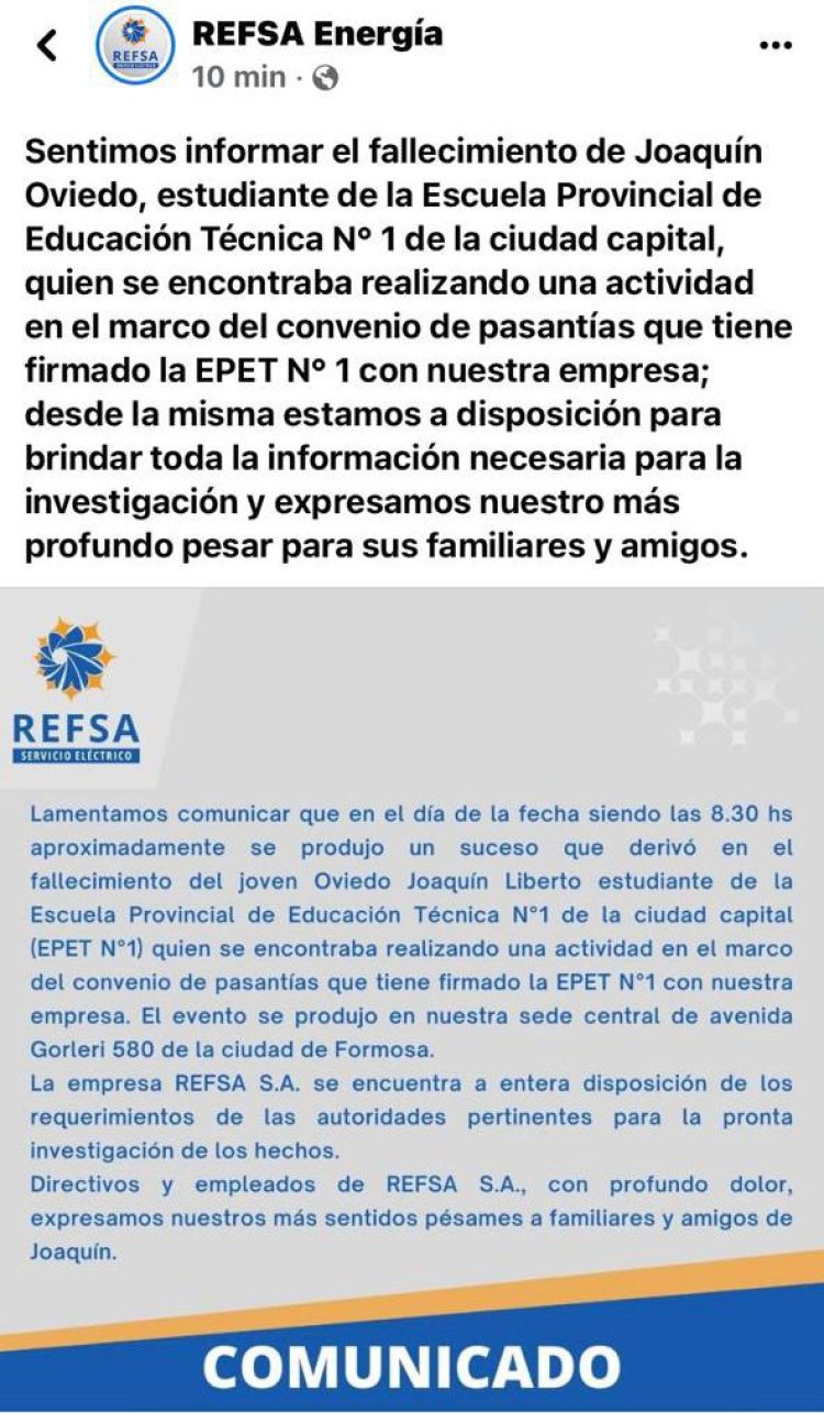 Un estudiante secundario falleció mientras hacía pasantías en Refsa