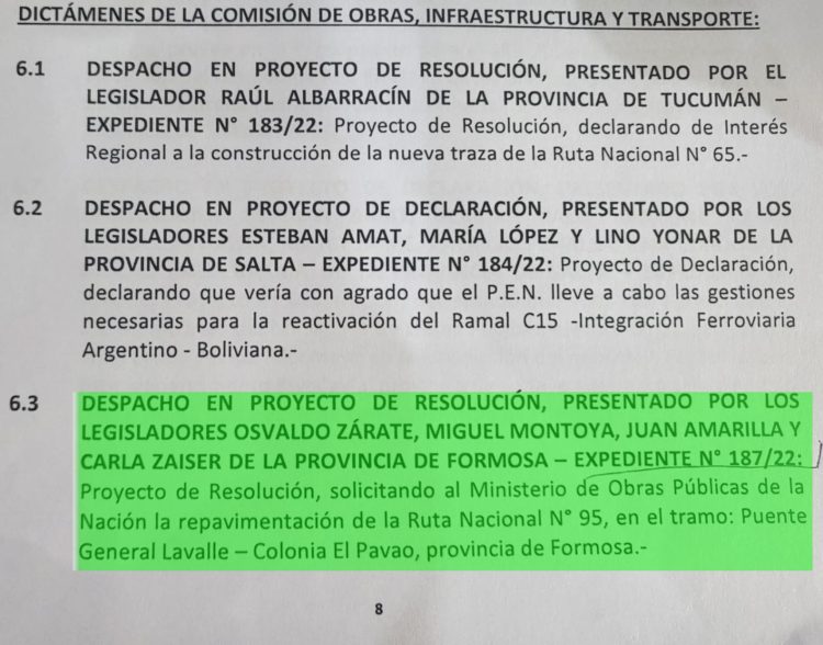 El Parlamento del Norte Grande aprobó pedido de repavimentación de 98 km de la ruta 95