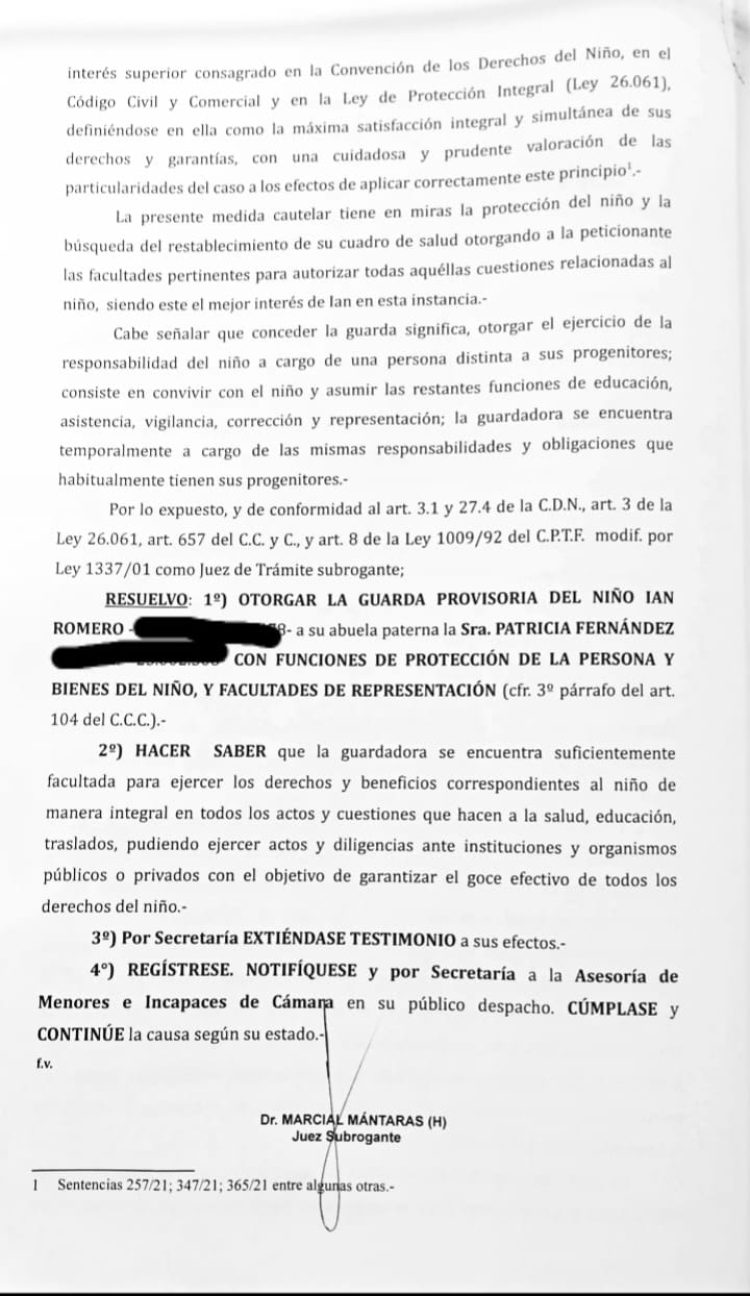 Caso IAN: otorgaron la guardia provisoria a la abuela