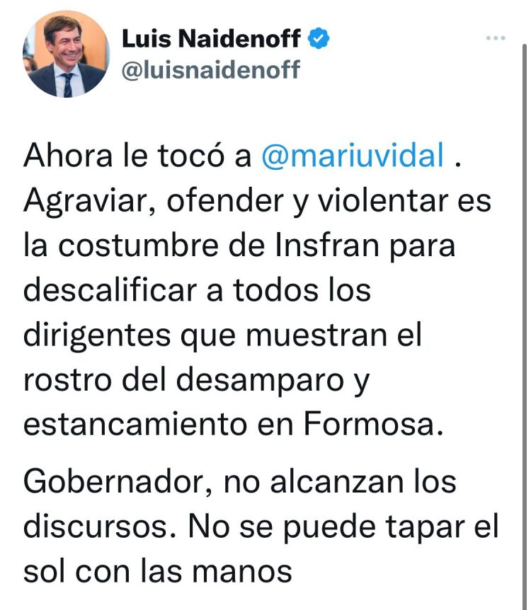 Naidenoff sobre Insfrán: “Agraviar, ofender y violentar es su costumbre”