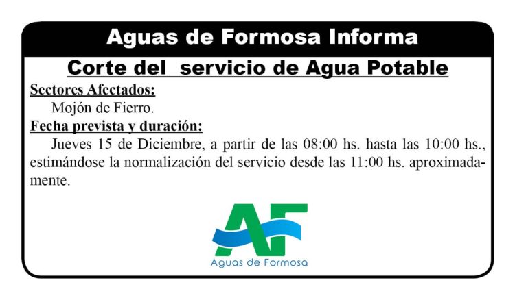 Aguas de Formosa informa: Corte del servicio de Agua Potable