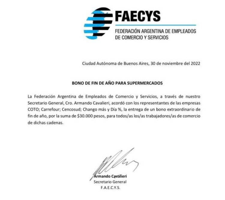 Empleados de Carrefour y Chango Más cobrarán bono de $30.000