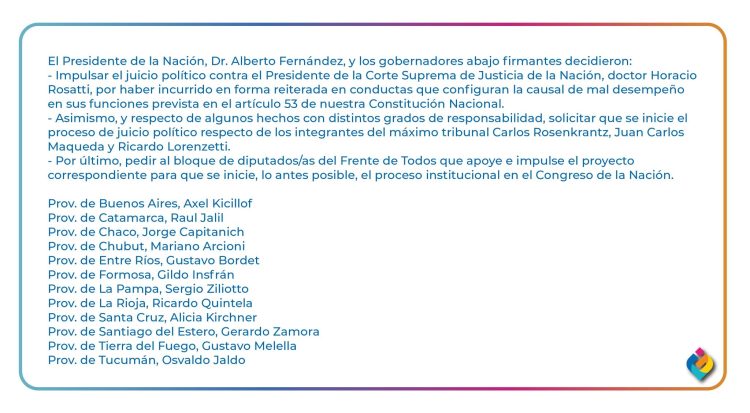 Gildo, entre los 11 gobernadores que firmaron el pedido de juicio político contra la Corte Suprema impulsado por Alberto