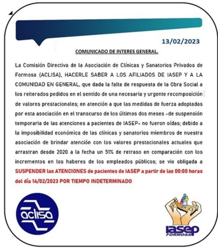 Otro corte de servicios al IASEP: «el Gobierno quiere que la salud privada colapse», dijo Zárate