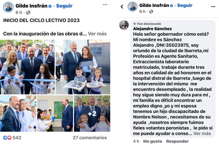 Nuevos tiempos: le pide trabajo al gobernador por Facebook
