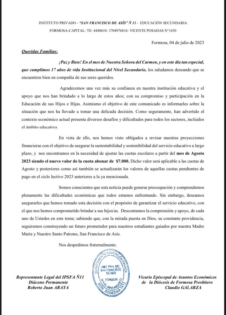 Malestar de padres de alumnos del Instituto San Francisco de Asís