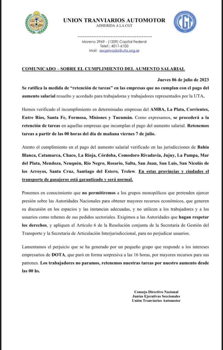 Por una medida de fuerza de UTA, no habrá servicio de transporte urbano
