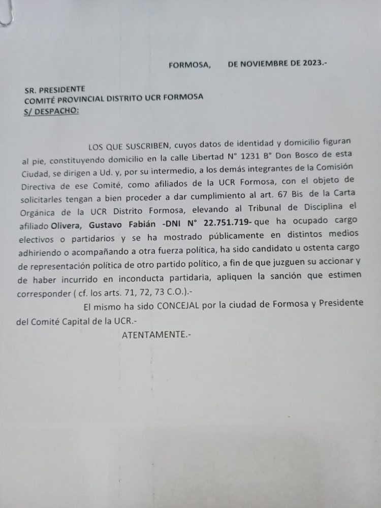 Radicales piden la expulsión de Fabián Olivera: lo acusan de “inconducta partidaria”
