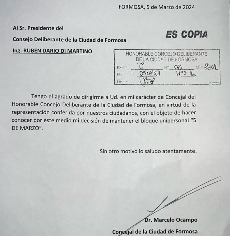 El bloque del concejal Ocampo ahora se llama «5 de Marzo»