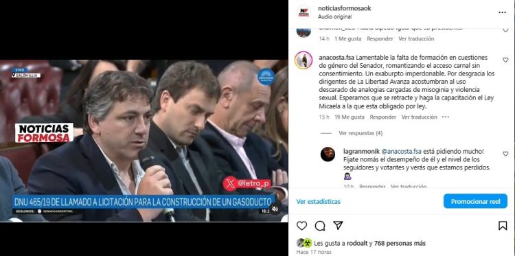 Diputada Costa pide que Paoltroni «se retracte» de su expresiones misógenas en el Senado