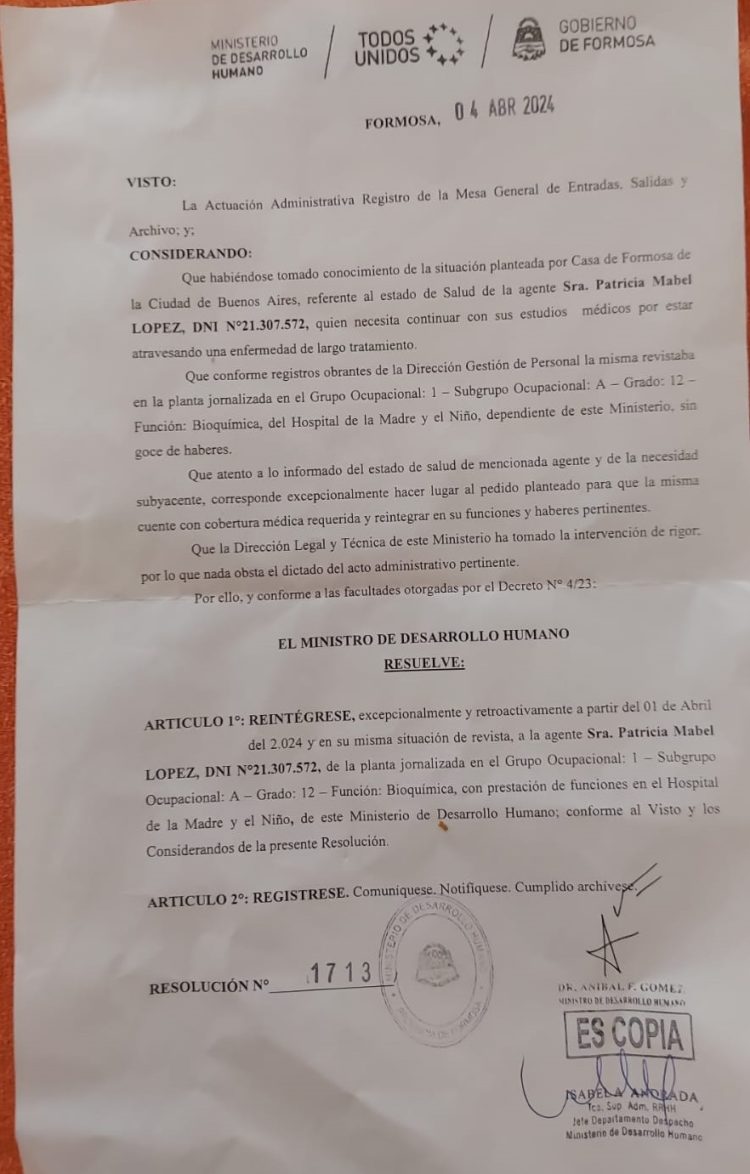 La justicia ratificó restitución de despedida que Desarrollo Humano ya había reincorporado