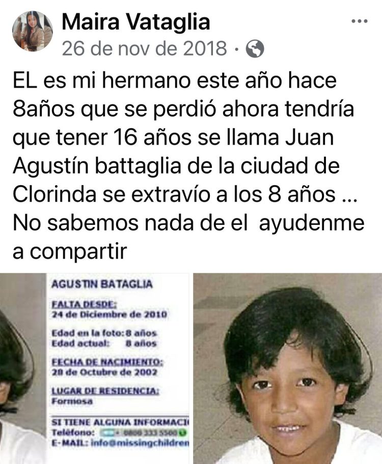Clorinda: Juan Agustín tenía 8 años, desapareció en el 2010 y lo siguen buscando