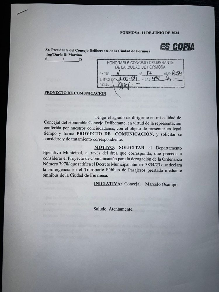 Ocampo reclamó que el HCD vuelva a tener la supervisión del transporte urbano