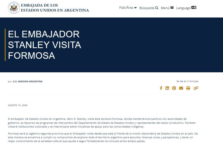 El Embajador de EEUU «se interiorizará sobre iniciativas de apoyo para las comunidades indígenas»   
