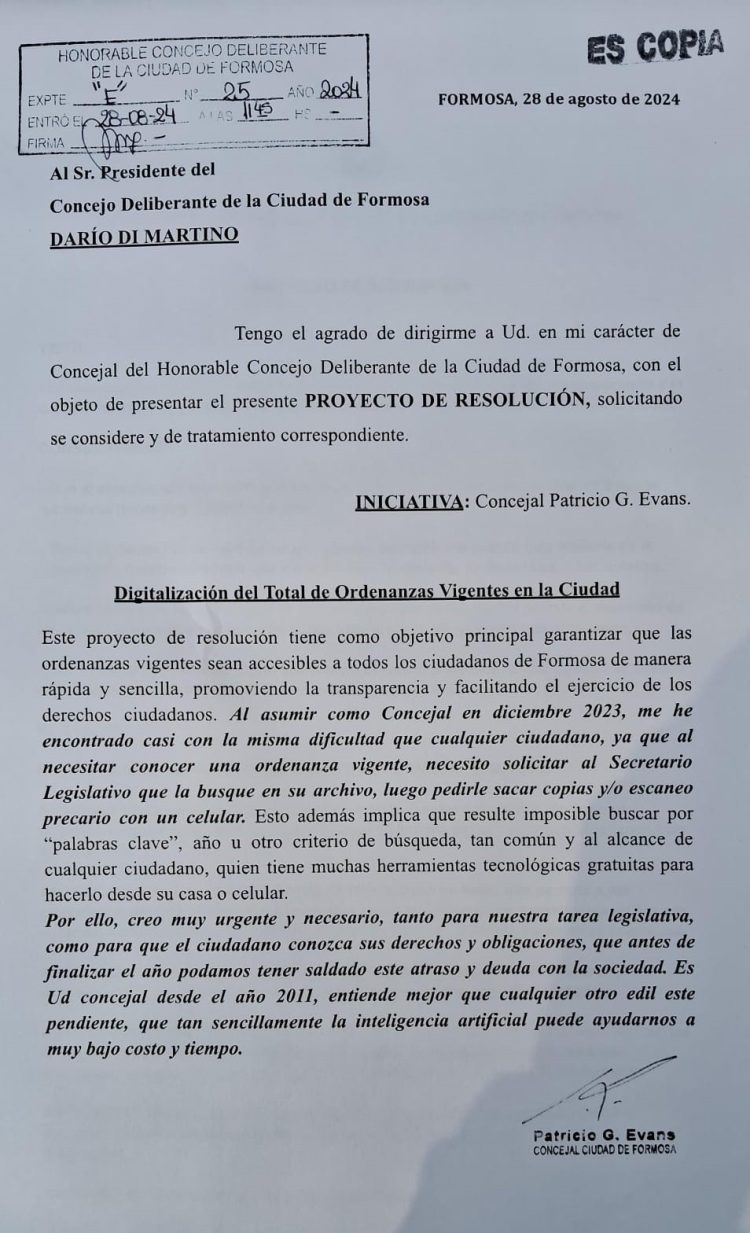 El concejal Evans propuso que el HCD digitalice todas las ordenanzas vigentes